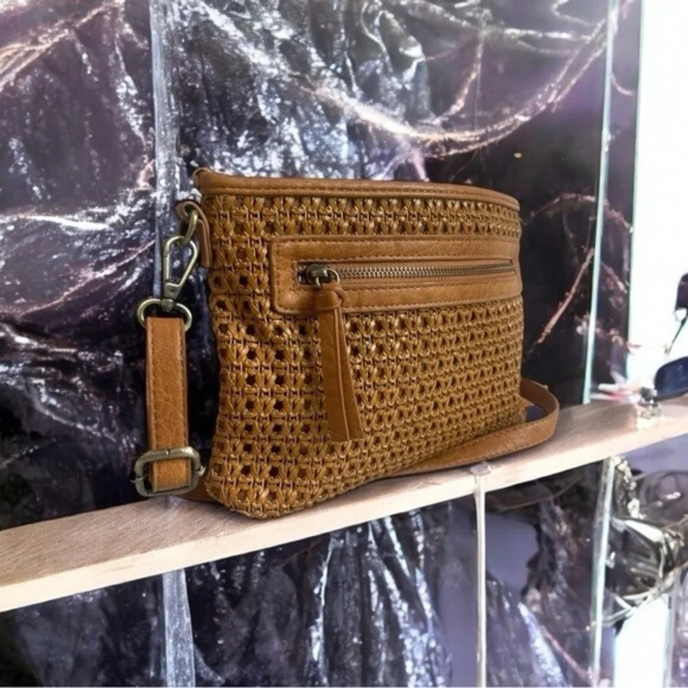 Joy Susan Brown Woven Leatherette Crossbody Bag Purse Wristlet Shoulder Bag